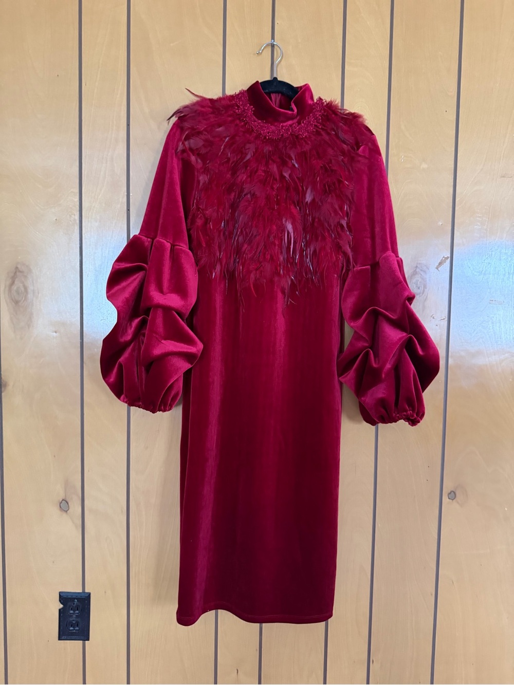 Feather-Embellished Velvet Midi Dress in Deep Red